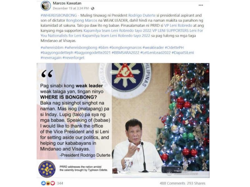 Did Duterte comment Robredo for 'Odette' relief efforts?