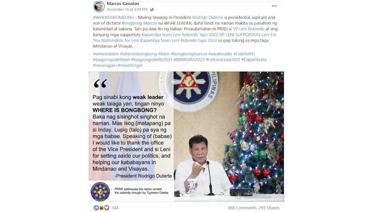 Did Duterte comment Robredo for 'Odette' relief efforts?