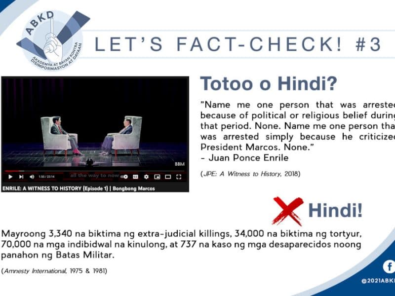 Hindi totoo ang pahayag ni Enrile na walang inarestong kritiko noong Martial Law