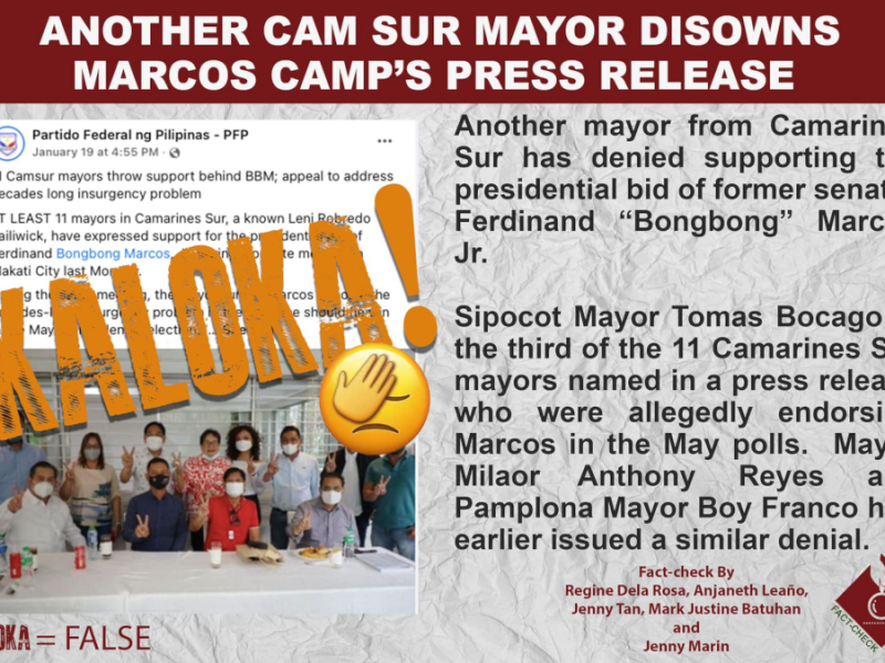 Another Camarines Sur mayor disowns Marcos camp's press release