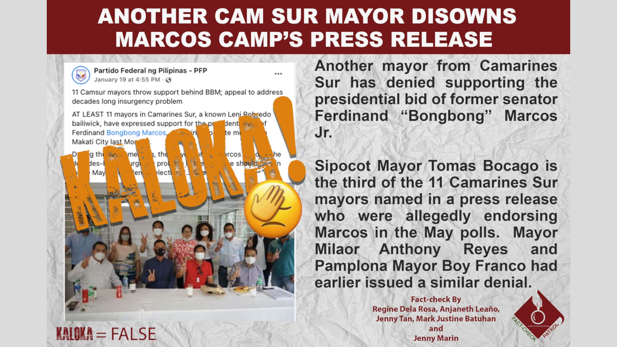 Another Camarines Sur mayor disowns Marcos camp's press release