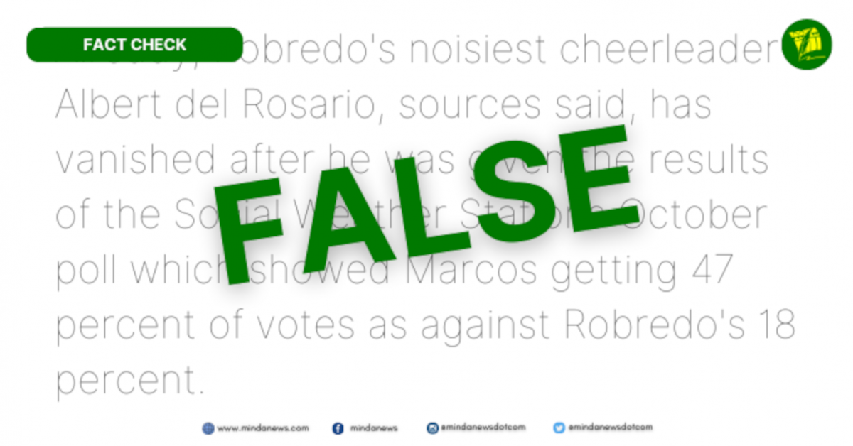 False claim that Albert del Rosario has abandoned Robredo's presidential bid
