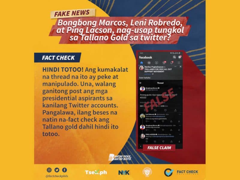 Bongbong Marcos, Leni Robredo, at Ping Lacson, nag-usap tungkol sa Tallano Gold sa Twitter?