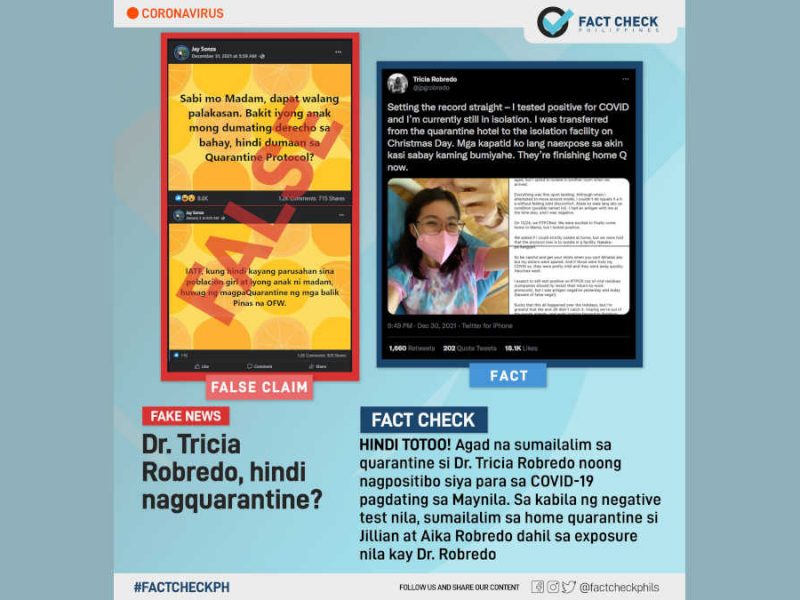 Dr. Tricia Robredo, hindi nag-quarantine, ayon kay Jay Sonza