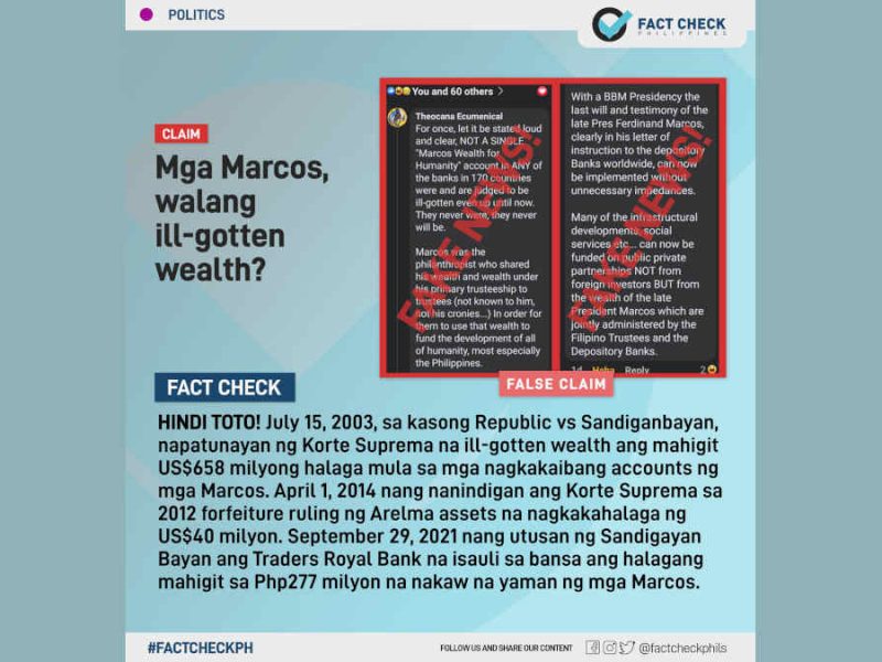Mga Marcos, walang ill-gotten wealth o nakaw na yaman?