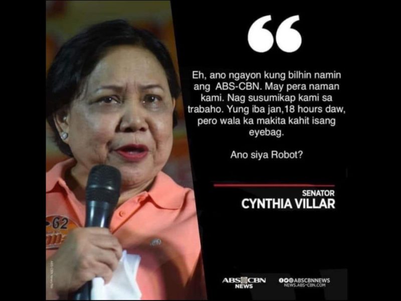 Supposed Cynthia Villar quote on ABS-CBN, eye bags is fake