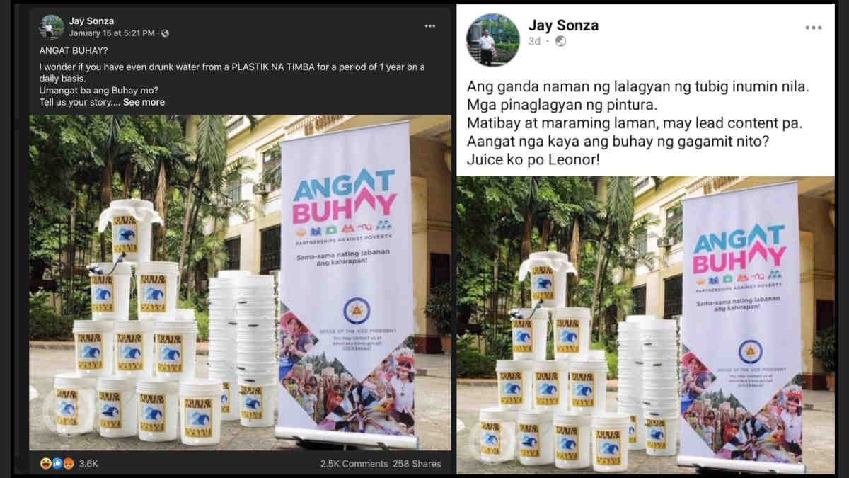 Water containers for OVP’s Angat Buhay were filters that did not use toxic materials