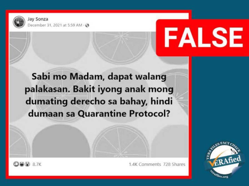 Jay Sonza false claims Robredo's daughter skipped quarantine