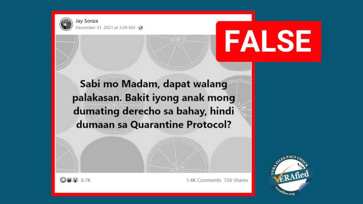 Jay Sonza false claims Robredo's daughter skipped quarantine