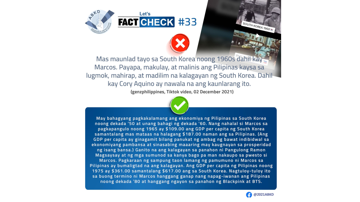 Hindi totoong mas maunlad ang Pilipinas kaysa South Korea noong panahon ni Ferdinand Marcos Sr.