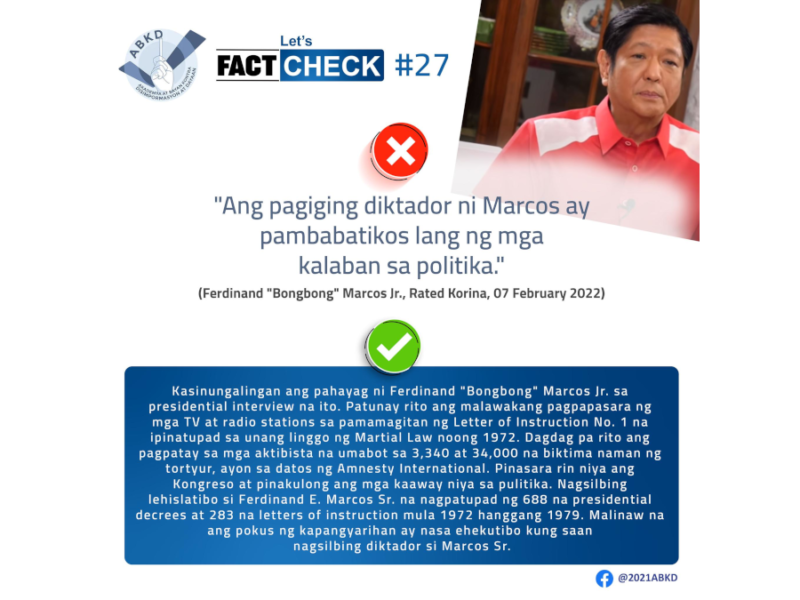 Sinabi ni Bongbong Marcos na pamumulitika lang daw ng kalaban ang pagiging diktador ng kanyang ama