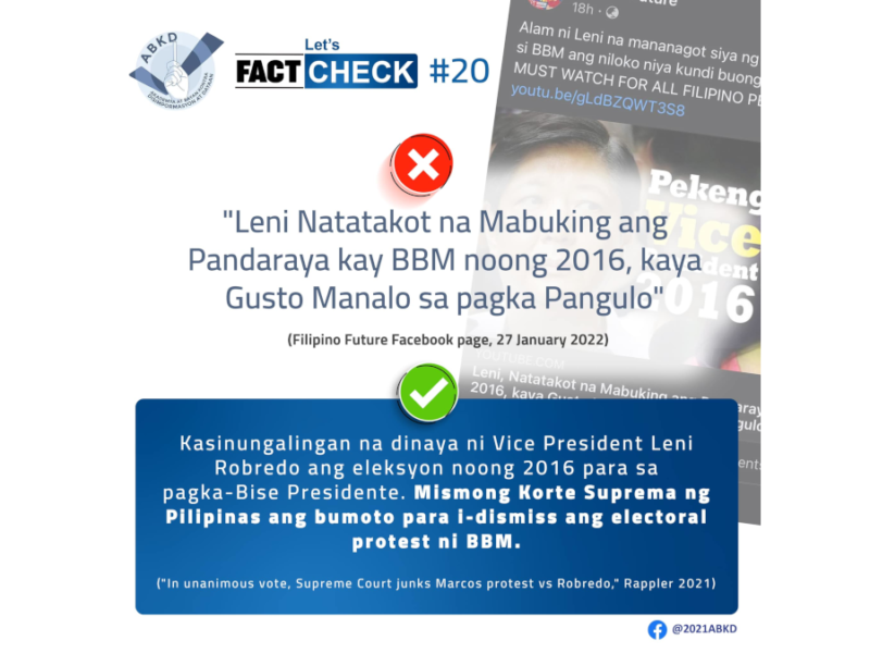 Hindi totoong dinaya ni Robredo si Marcos Jr. noong 2016 elections
