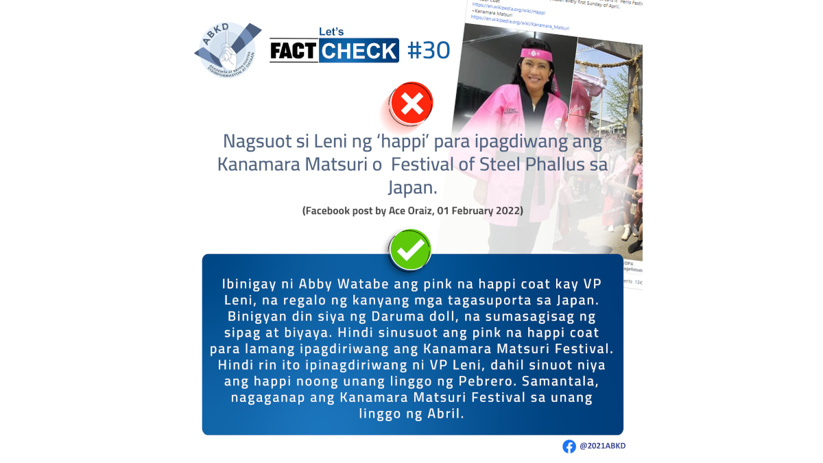 Hindi totoong nagsuot ng pink na happi coat si VP Robredo upang ipagdiwang ang isang festival sa Japan