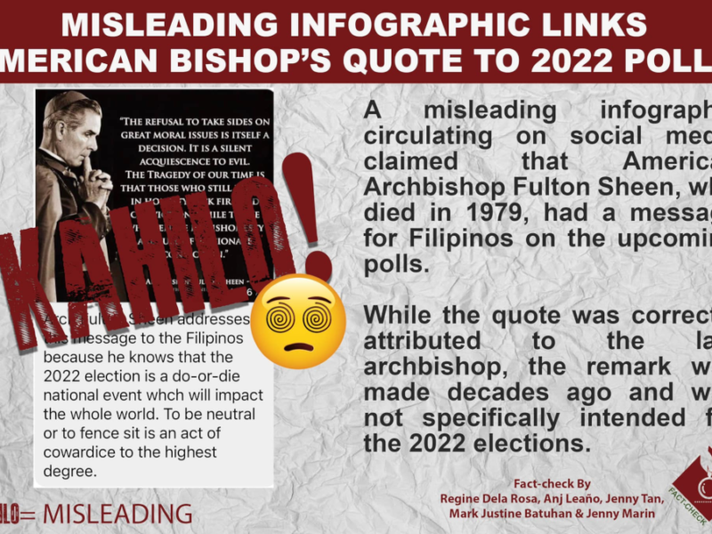 Misleading infographic claims late American Archbishop Fulton Sheen had a message for the 2022 Philippine elections