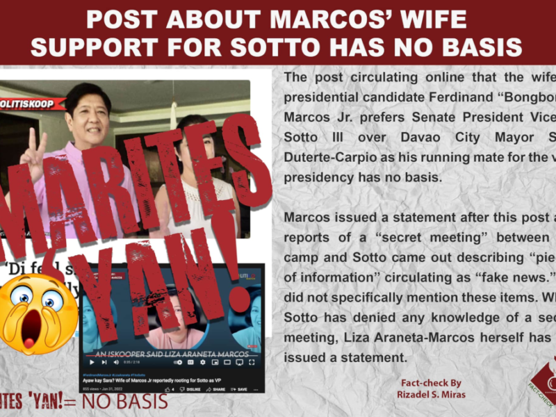 Claim that Marcos Jr's wife Liza Araneta-Marcos prefers Vico Sotto over Sara Duterte has no basis