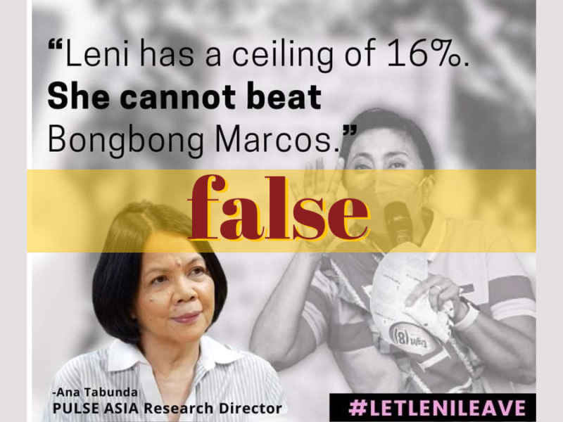 Post falsely claims that Pulse Asia executive Ana Tabunda said Robredo cannot beat Marcos