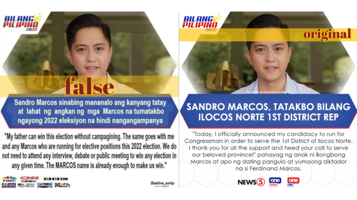 Sandro Marcos' quote that any Marcos would win without campaigning is satire