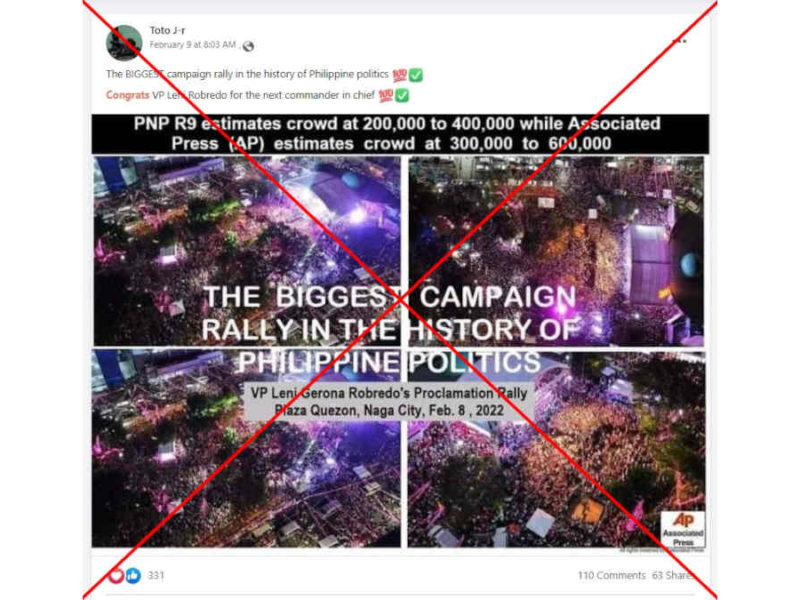 False posts claim rally for Philippine presidential hopeful Leni Robredo 'biggest in country's history'