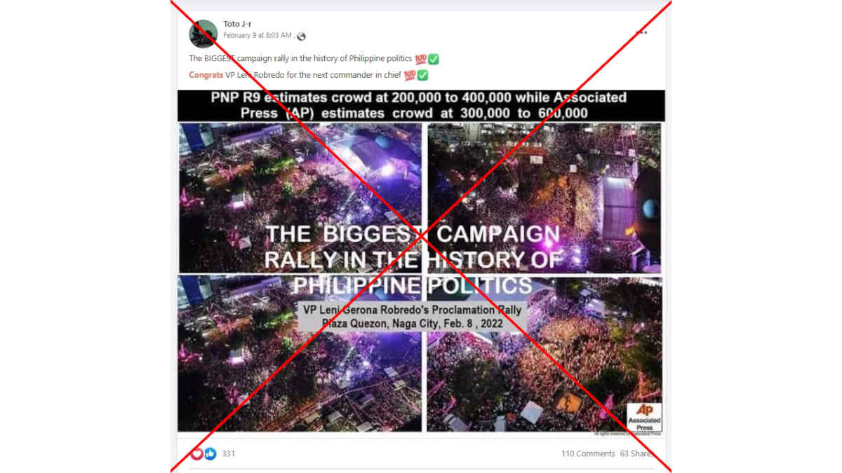 False posts claim rally for Philippine presidential hopeful Leni Robredo 'biggest in country's history'
