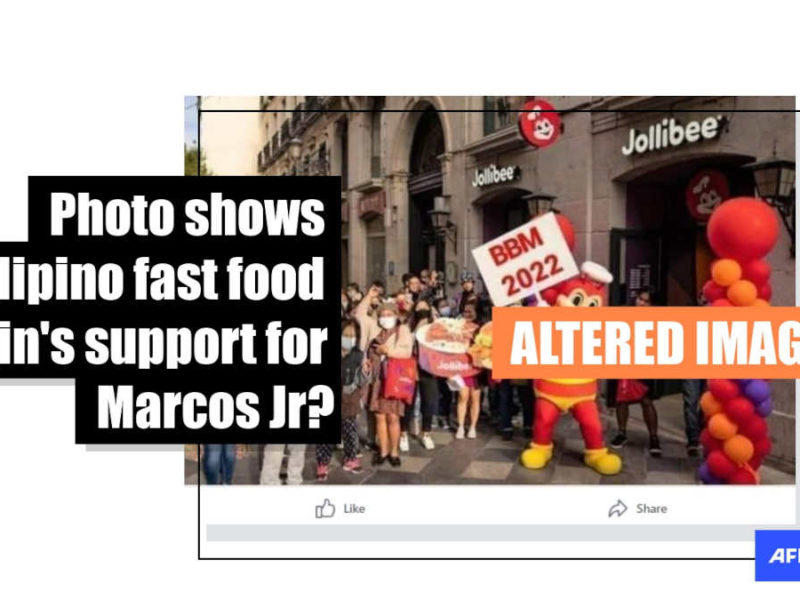 Photo of Filipino fast food chain mascot doctored to include support for presidential hopeful Marcos Jr