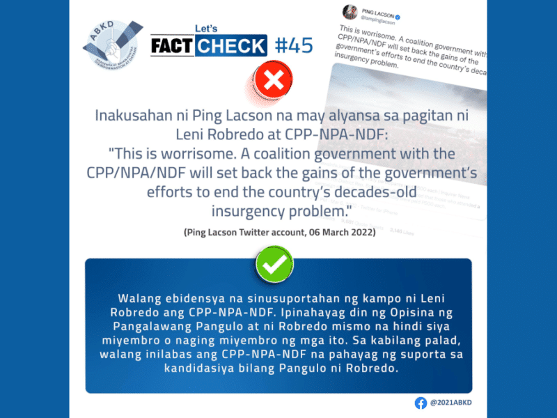 May coalition govt daw sa pagitan ni VP Robredo at ng CPP-NPA-NDF ayon kay Senator Lacson