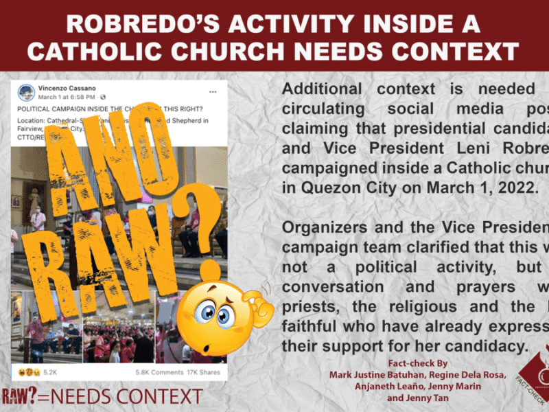 VP Leni Robredo did not organize a campaign rally inside a Catholic church, as alleged by an FB post