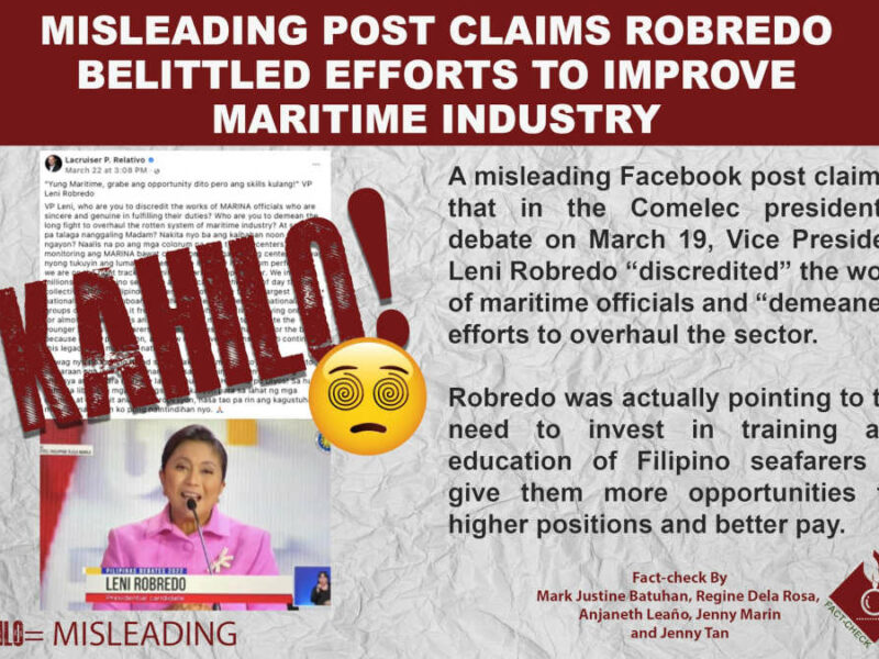 MISLEADING POST CLAIMS ROBREDO BELITTLED EFFORTS TO IMPROVE MARITIME INDUSTRY