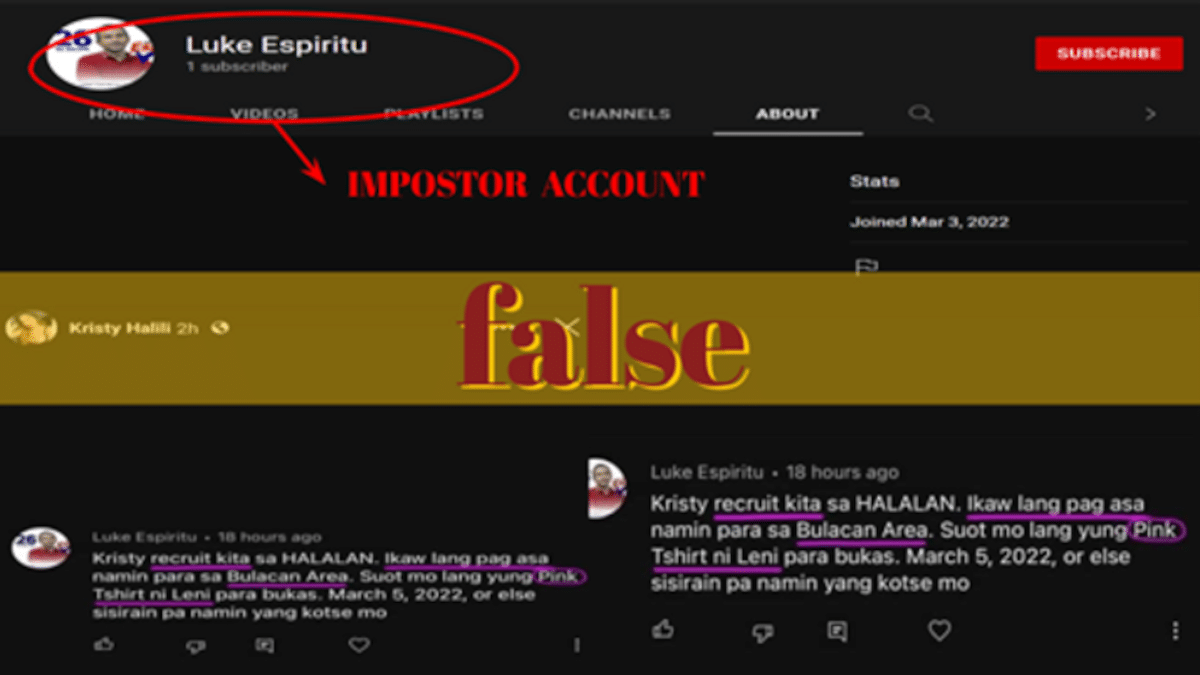 False YouTube account of senatorial bet Luke Espiritu threatens vlogger if she would not support Robredo