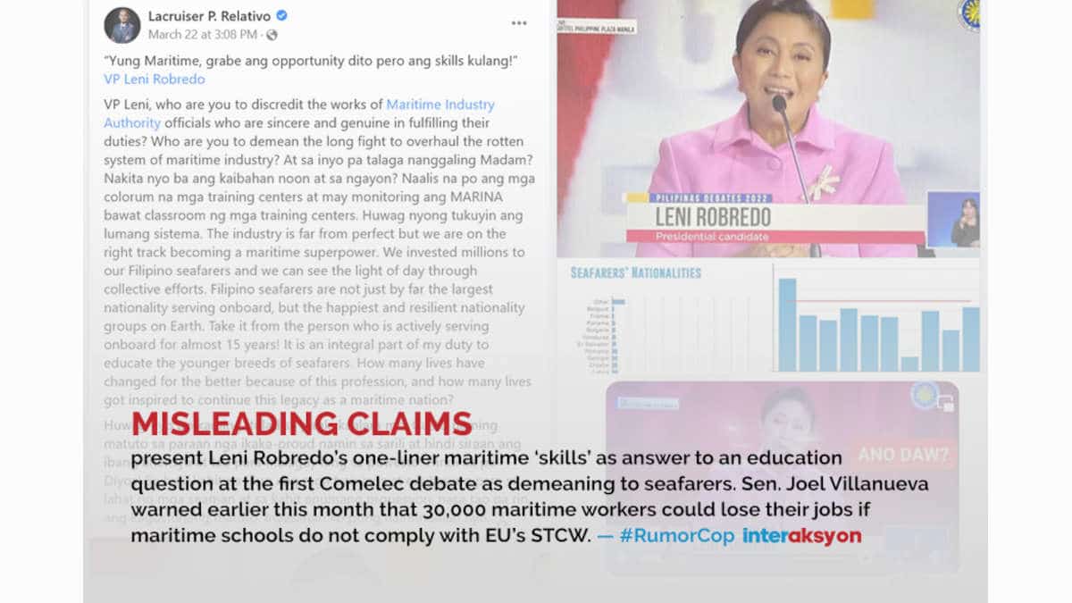 Video edit misleadingly claims Robredo demeans seafarers