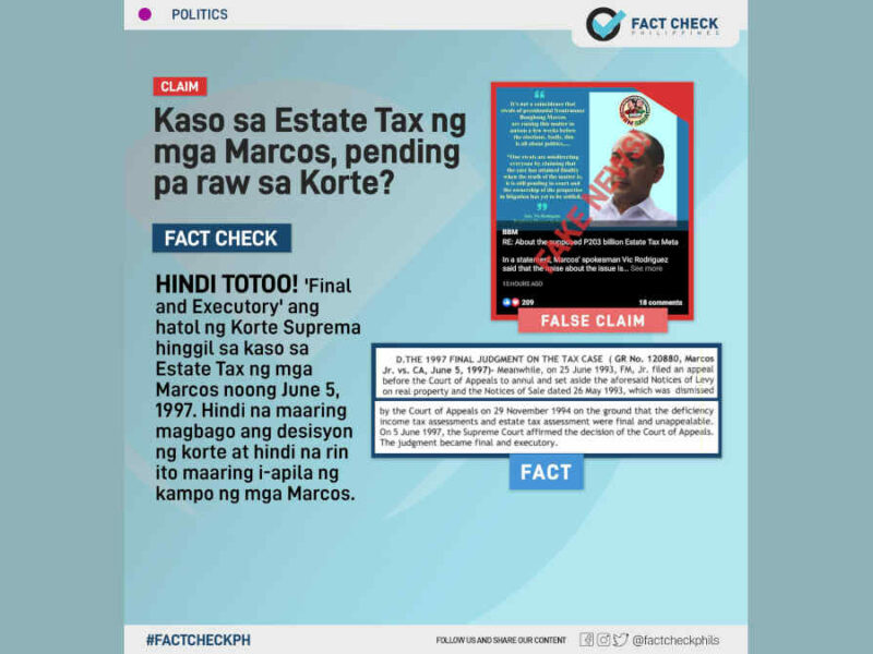 Kaso kaugnay ng 'di nabayarang estate tax ng mga Marcos, pending pa raw sa korte?