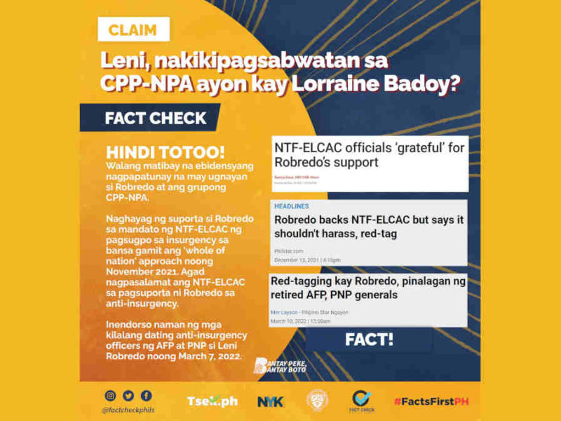 Leni Robredo, nakikipagsabwatan sa CPP-NPA, ayon kay Lorraine Badoy