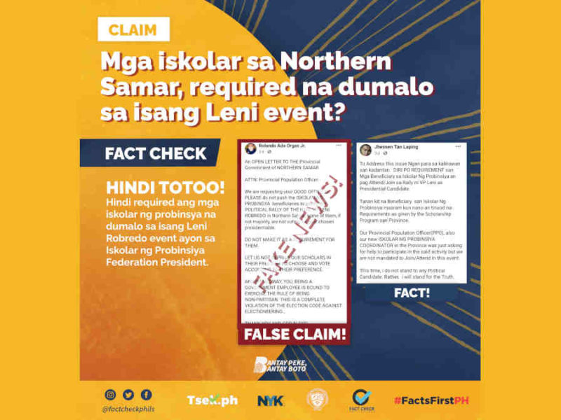Mga iskolar sa Northern Samar, required na dumalo sa isang Leni Robredo event?