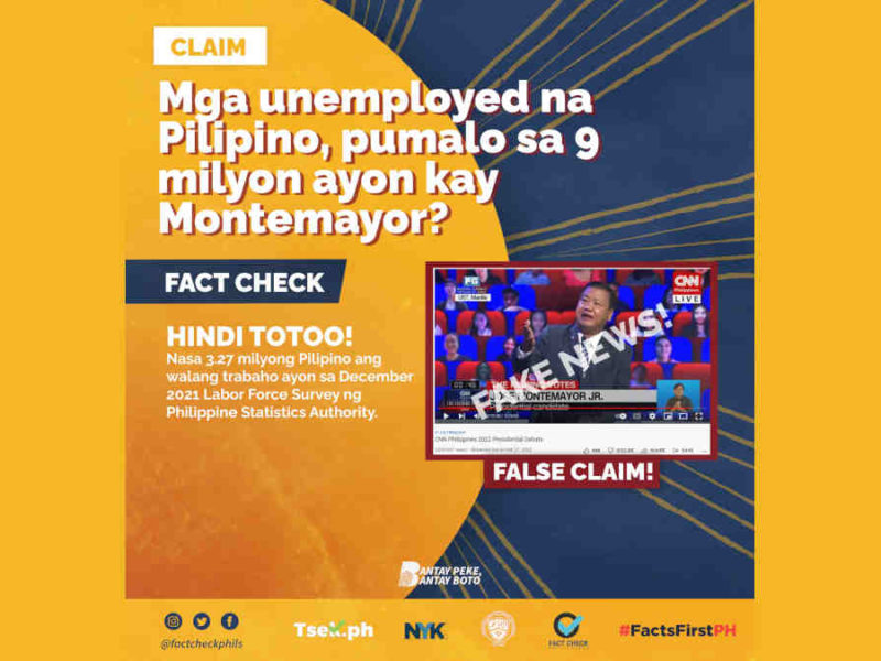 Mga unemployed na Pilipino, pumalo sa siyam na milyon, ayon kay Montemayor