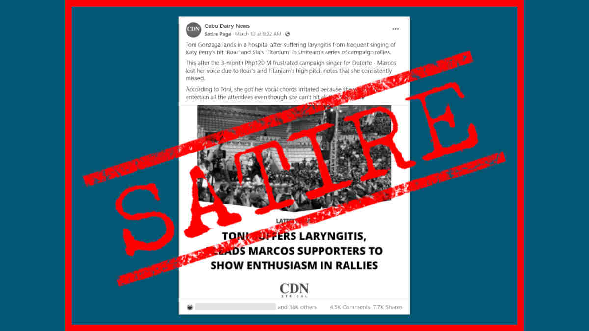 Story on Toni Gonzaga’s ‘laryngitis’ after singing in Marcos rallies is SATIRE