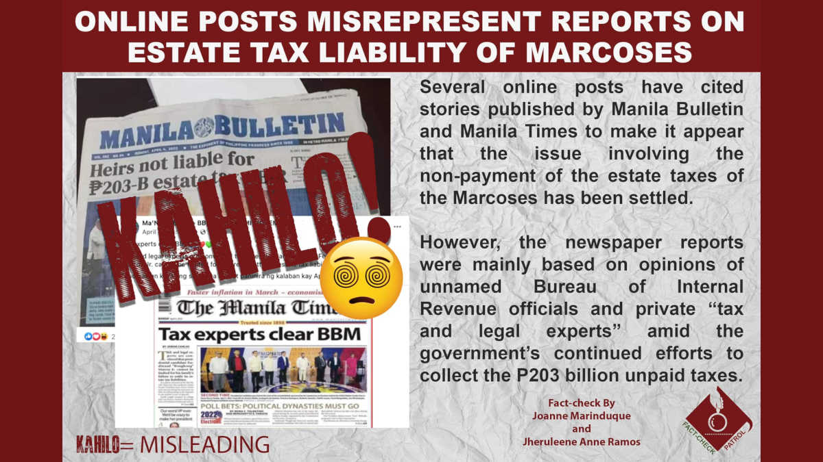 ONLINE POSTS MISREPRESENT REPORTS ON ESTATE TAX LIABILITY OF MARCOSES