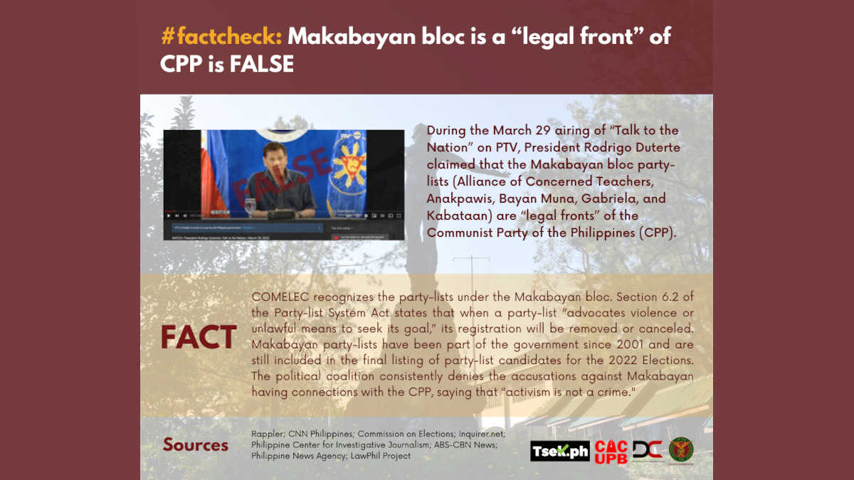 Makabayan bloc is a "legal front" of CPP is FALSE