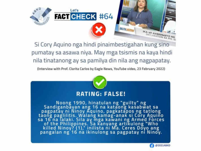 abkd-Hindi pina-imbestigahan ni Cory Aquino ang pagpatay sa kanyang asawang si Ninoy Aquino
