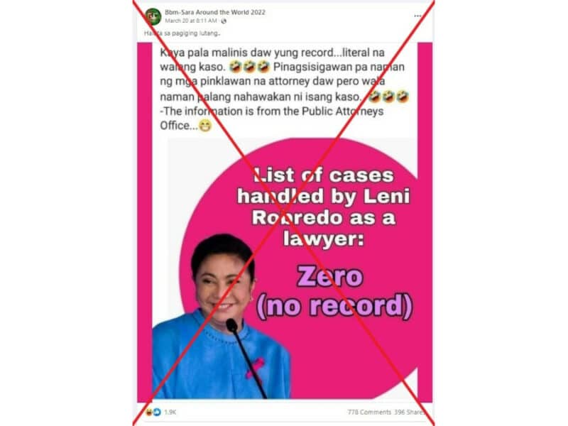 afp-false-posts-claim-philippine-presidential-hopeful-leni-robredo-handled-zero-cases-as-lawyer