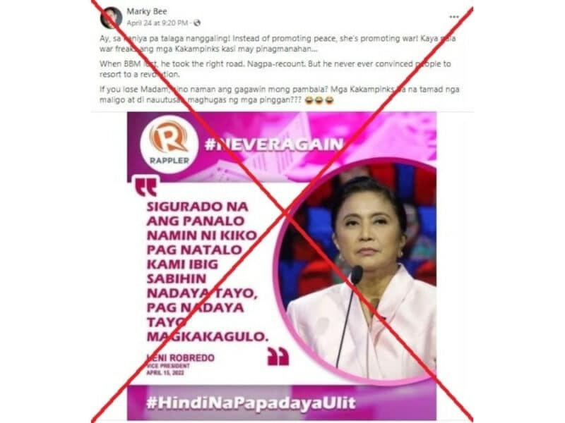 afp-false-posts-claim-philippine-vp-robredo-warned-of-chaos-if-she-loses-2022-presidential-poll