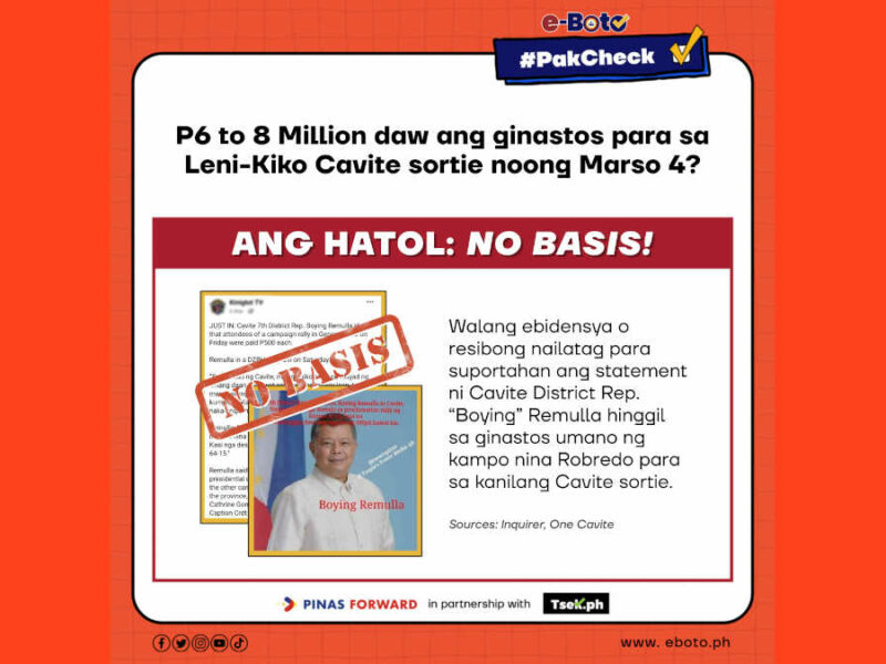 NO BASIS: P6-8 Million daw ang ginastos para sa Leni-Kiko Cavite sortie noong Marso 4?