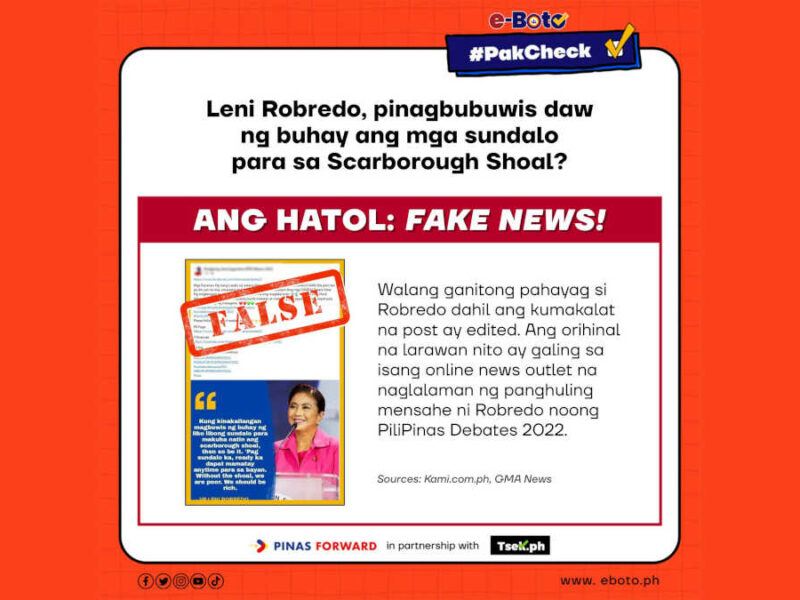 FALSE: Leni Robredo, pinagbubuwis daw ng buhay ang mga sundalo para sa Scarborough Shoal?
