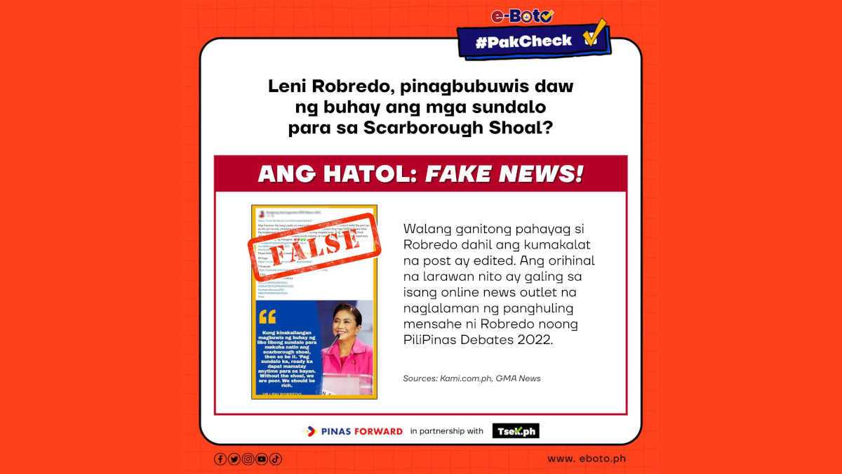 FALSE: Leni Robredo, pinagbubuwis daw ng buhay ang mga sundalo para sa Scarborough Shoal?