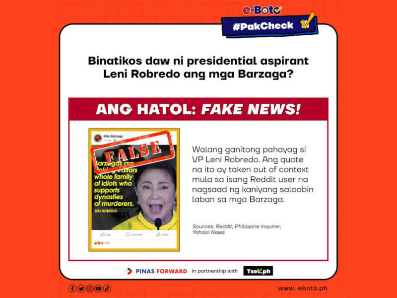FALSE: Binatikos daw ni presidential aspirant Leni Robredo ang mga Barzaga?