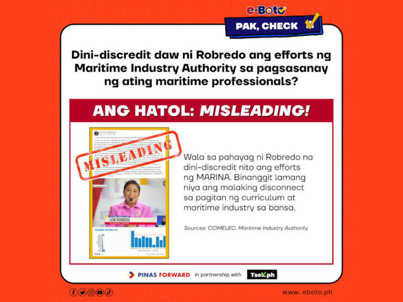 Facebook post misleadingly claims that VP Robredo discredited MARINA on their training of Filipino maritime professionals