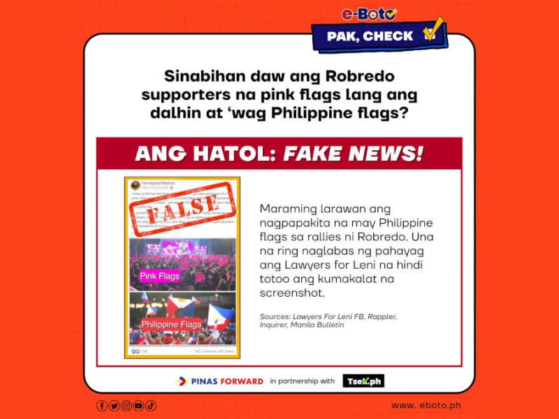 Claim that Robredo supporters are told to only bring pink flags is False
