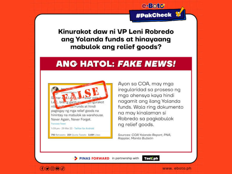 FALSE: Kinurakot daw ni VP Leni Robredo ang Yolanda funds at hinayaang mabulok ang relief goods?