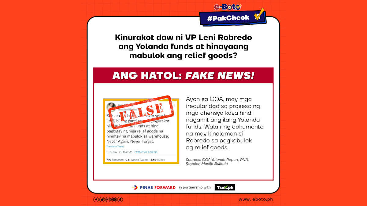 FALSE: Kinurakot daw ni VP Leni Robredo ang Yolanda funds at hinayaang mabulok ang relief goods?