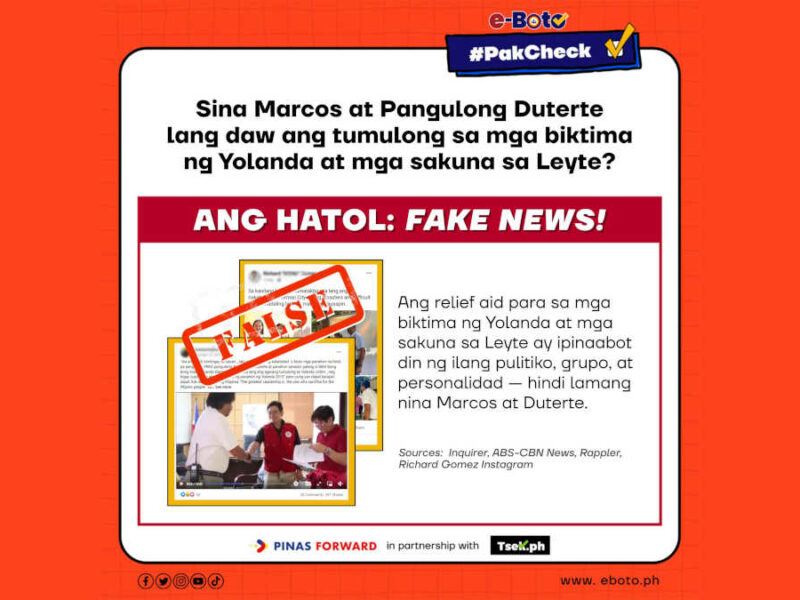FALSE: Sina Marcos at Pangulong Duterte lang daw ang tumulong sa mga biktima ng Yolanda at mga sakuna sa Leyte?