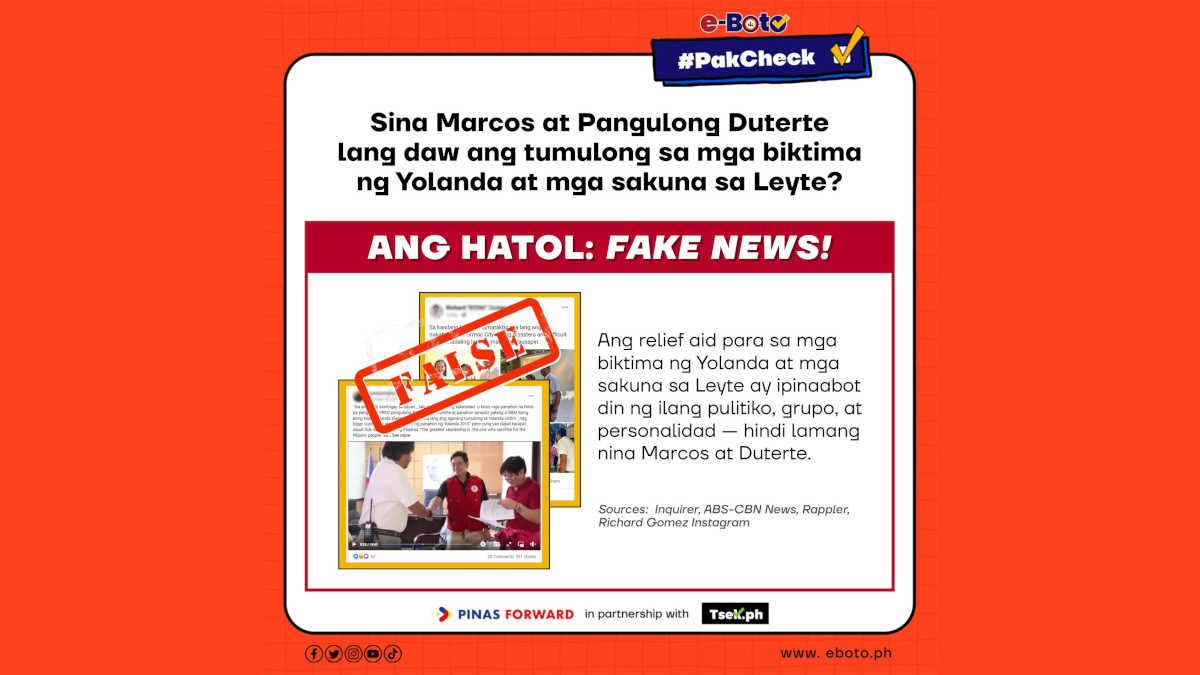 FALSE: Sina Marcos at Pangulong Duterte lang daw ang tumulong sa mga biktima ng Yolanda at mga sakuna sa Leyte?