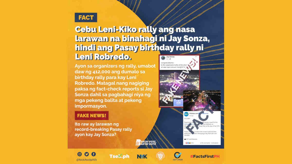 Cebu Leni-Kiko rally ang nasa larawang binahagi ni Jay Sonza hindi ang Pasay birthday rally ni Leni Robredo